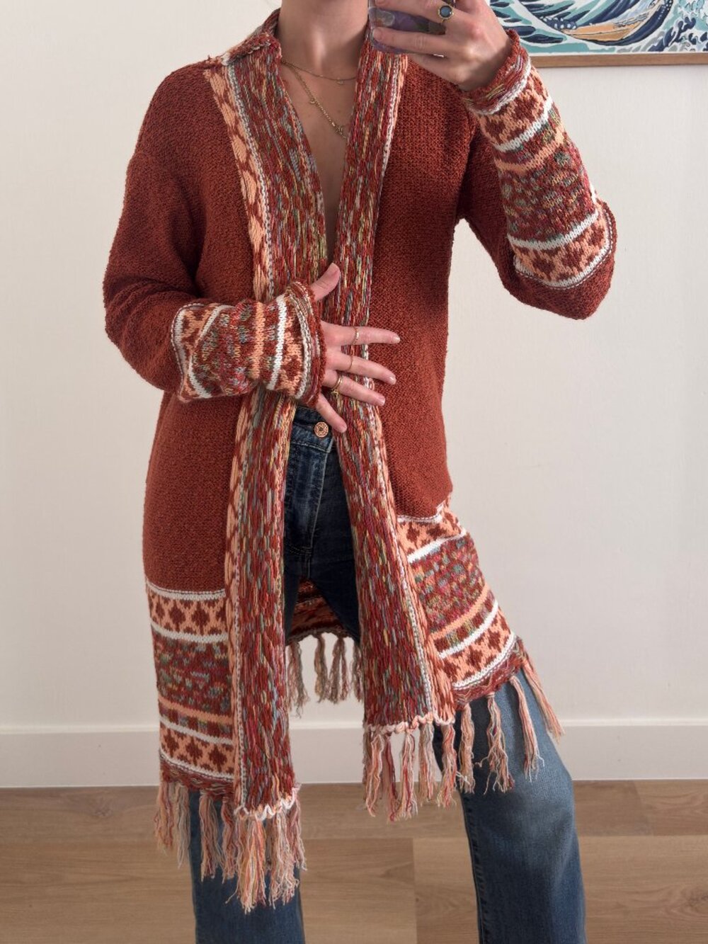 ADORA Full Size Fringe Hem Aztec Border Cardigan